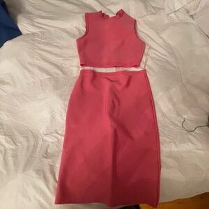 Pink Sleeveless Mock Neck Sheath Midi Dress
